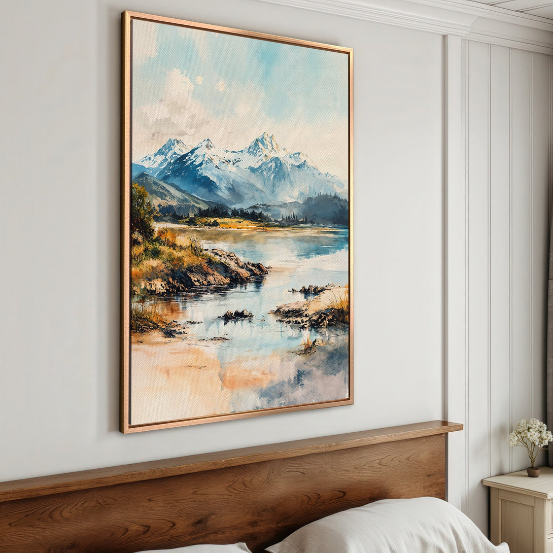 Framed Wall Art featuring a watercolor landscape of mountains and a lake. Serene blue, green, and brown color palette. Perfect for adding a touch of nature.