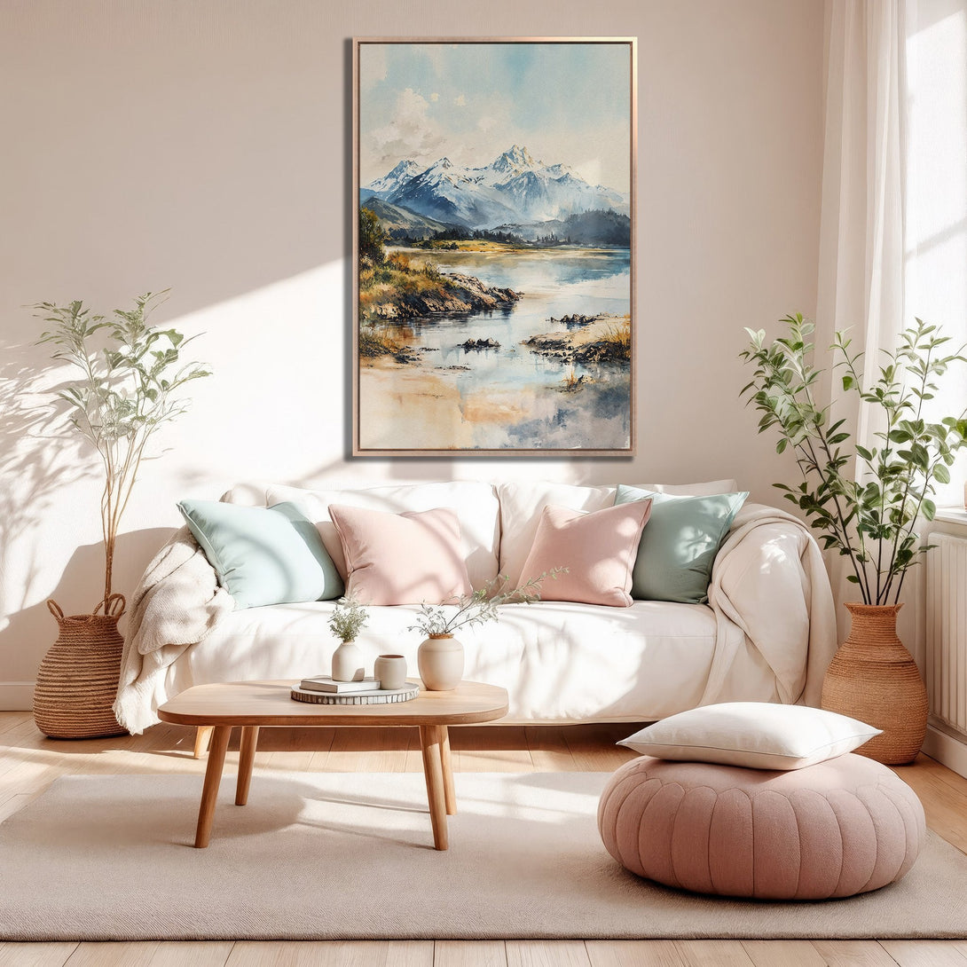 Framed Wall Art: Watercolor landscape print in a serene interior. Soft blues, greens, and beige create a calming aesthetic. Perfect for adding tranquility to any space.