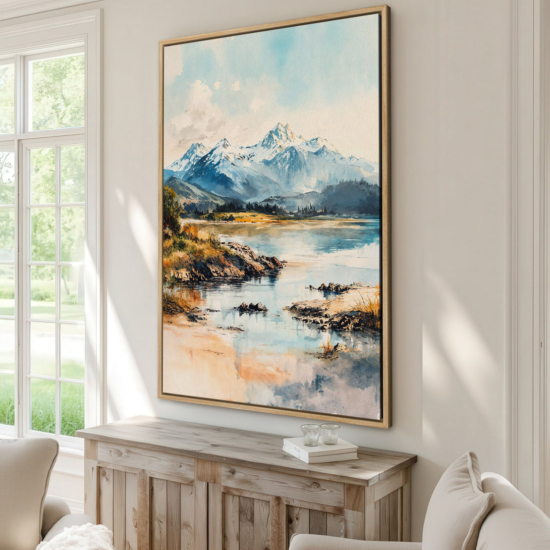 Canvas Print of a watercolor mountain landscape in blue, beige, and orange hues, perfect for adding serene art to your home.