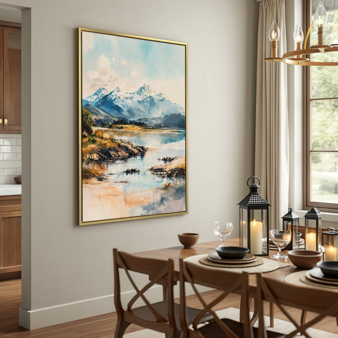 Canvas Print of a serene mountain lake scene in watercolor style. Featuring a calming blue, beige, and gray color palette, perfect for home decor.