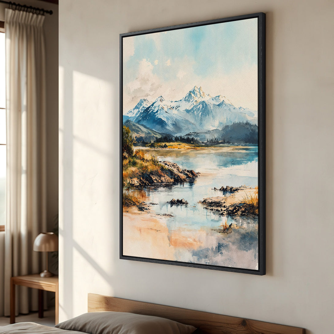 Framed Wall Art: Watercolor landscape Canvas Print featuring mountains and lake in blue, beige, and green tones. Perfect for adding a serene touch to your space.