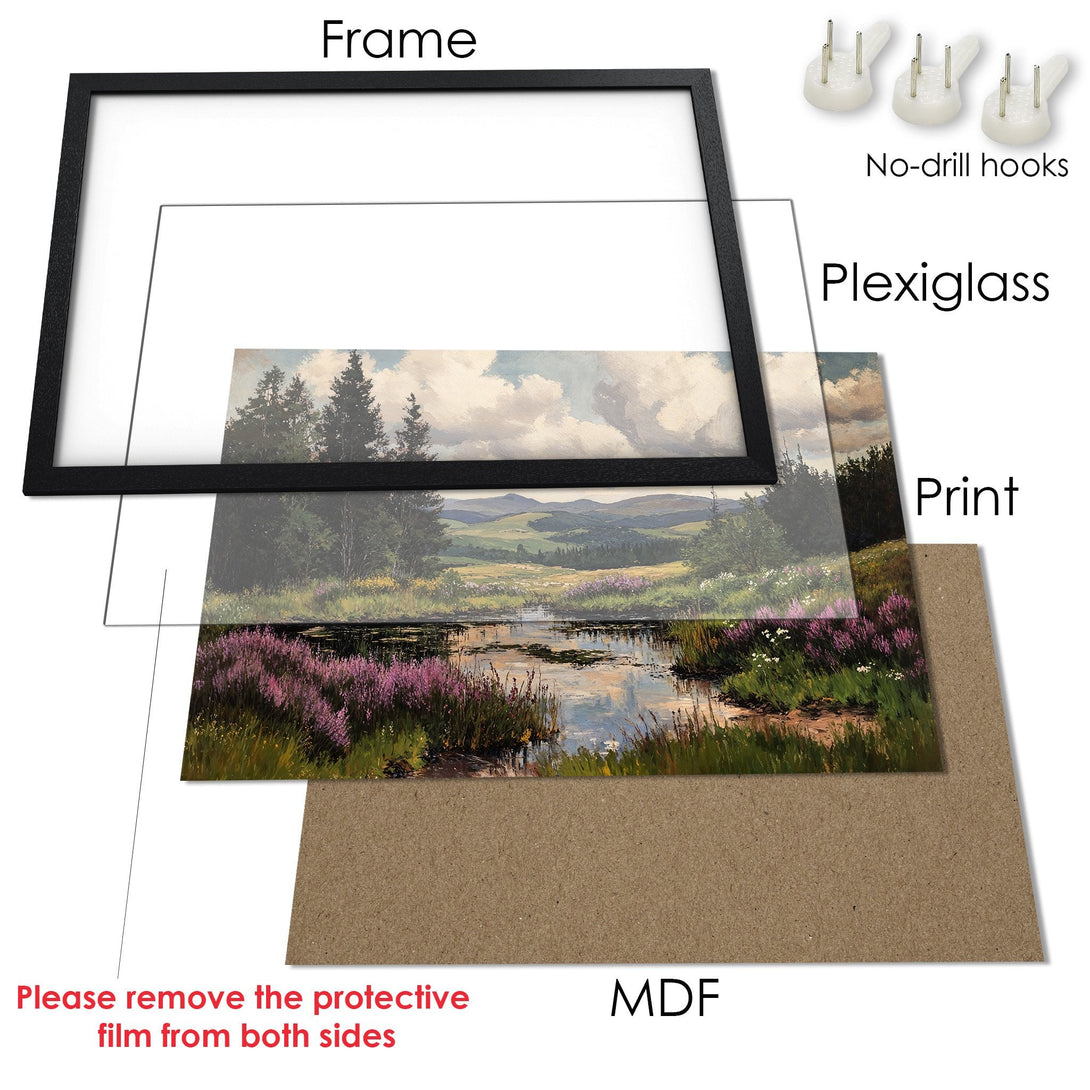 Framed Poster of a serene landscape painting in a naturalistic style with a muted color palette. Perfect wall art!