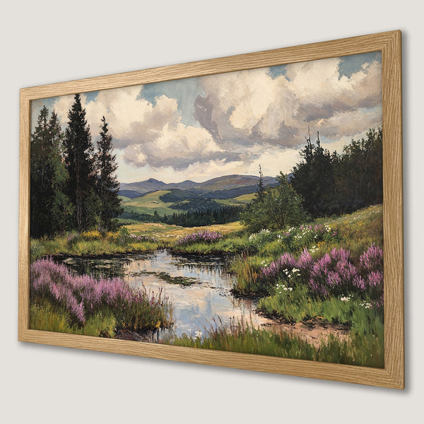 Framed Poster of a serene landscape painting. Features a lake, trees, and purple flowers. Earthy tones with a touch of blue.