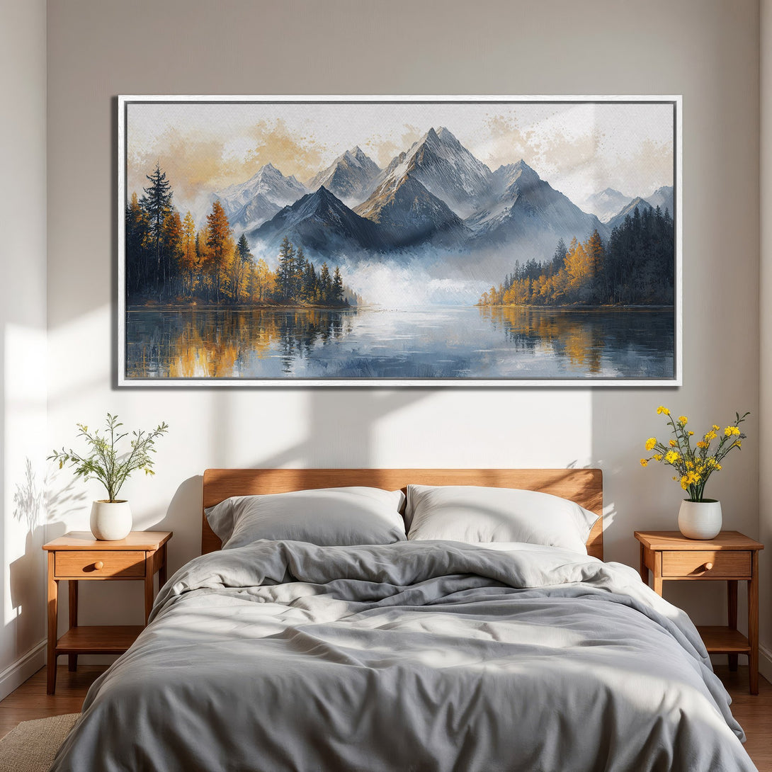 Framed Wall Art: Mountain landscape Canvas Print in watercolor style. Features blue, gold, and gray color palette, perfect for bedroom decor. Bring nature's beauty indoors!