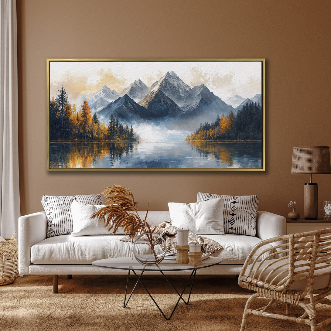 Canvas Print of a mountain landscape painting in blue, orange, and gray tones. Adds a touch of nature to any space.