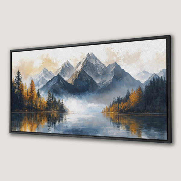 Framed Wall Art: Stunning mountain landscape Canvas Print with a painterly style. Features a cool blue, gold, and neutral color palette, perfect for any decor.