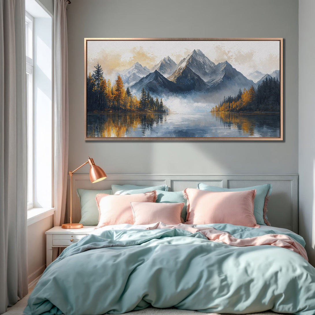 Framed Wall Art: Mountain landscape Canvas Print with blue, gold, and gray tones. Perfect for bedroom decor, bringing a touch of nature and serenity to your space.