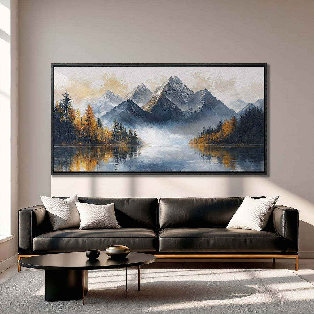 Framed Wall Art of a mountain landscape in a watercolor style, with blue, gold, and green tones. Perfect for adding a touch of nature to your home.