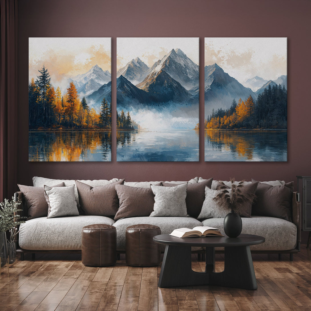 Canvas Print of a mountain landscape with autumn trees, in a modern, impressionistic style, featuring a blue, orange, and gray color palette.