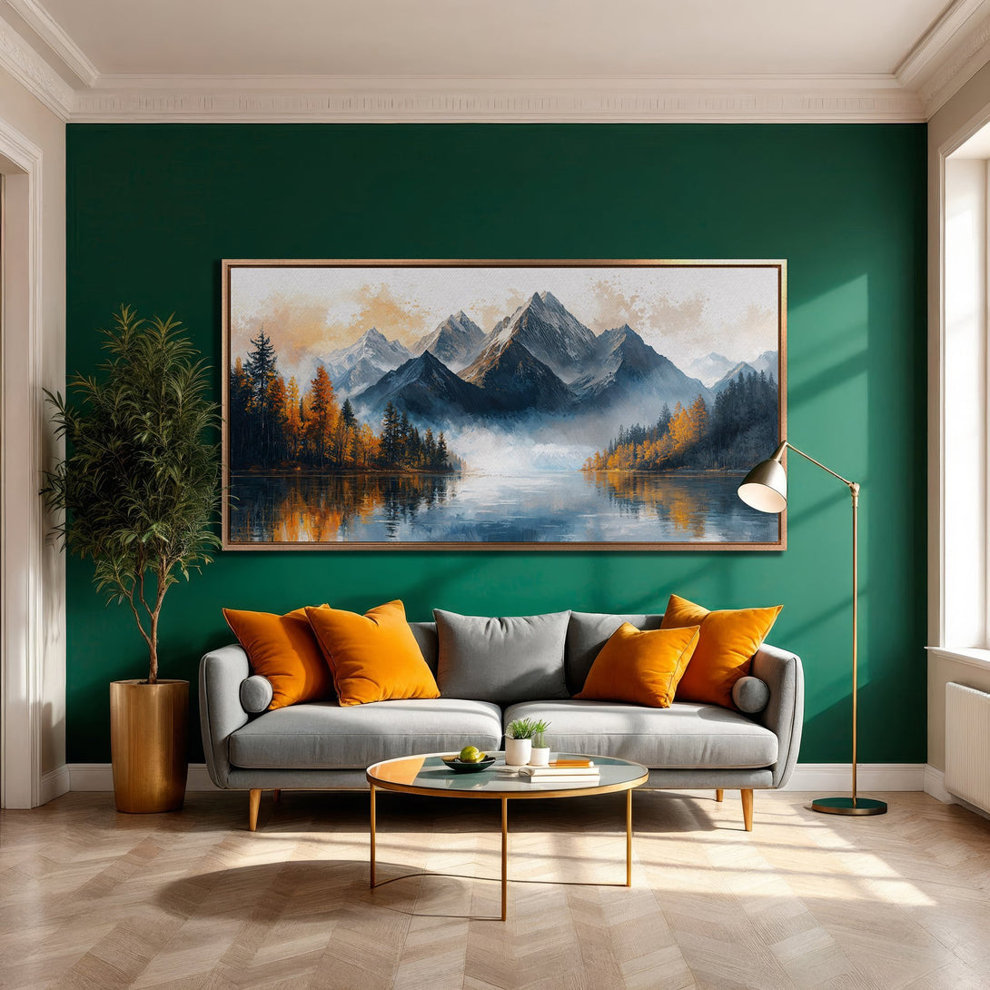 Framed Wall Art: Mountain landscape canvas print in a modern living room with green walls, orange and gray accents. Perfect for home decor!