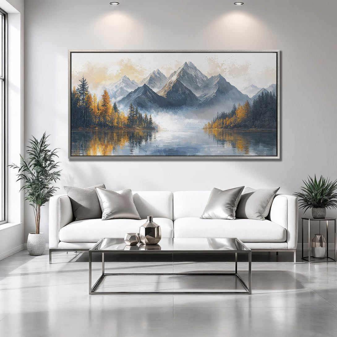 Framed Wall Art: Mountain landscape Canvas Print in warm autumn tones. Enhance your living room with this serene, nature-inspired artwork.