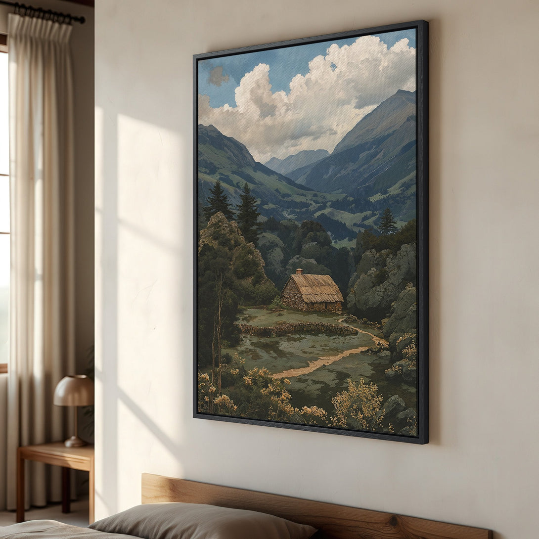 Framed Wall Art: Scenic landscape Canvas Print with cabin, mountains, and trees. Earthy tones and a vintage painting style. Perfect for rustic decor.