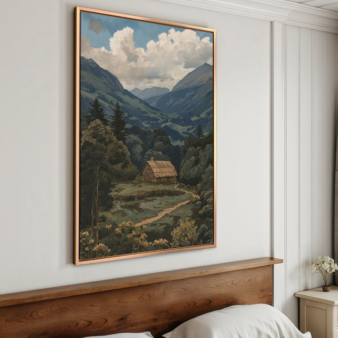 Framed Wall Art: Landscape painting of a mountain valley with a cottage, in a vintage style. Features a blue, green, and gold color palette. Perfect for home decor.