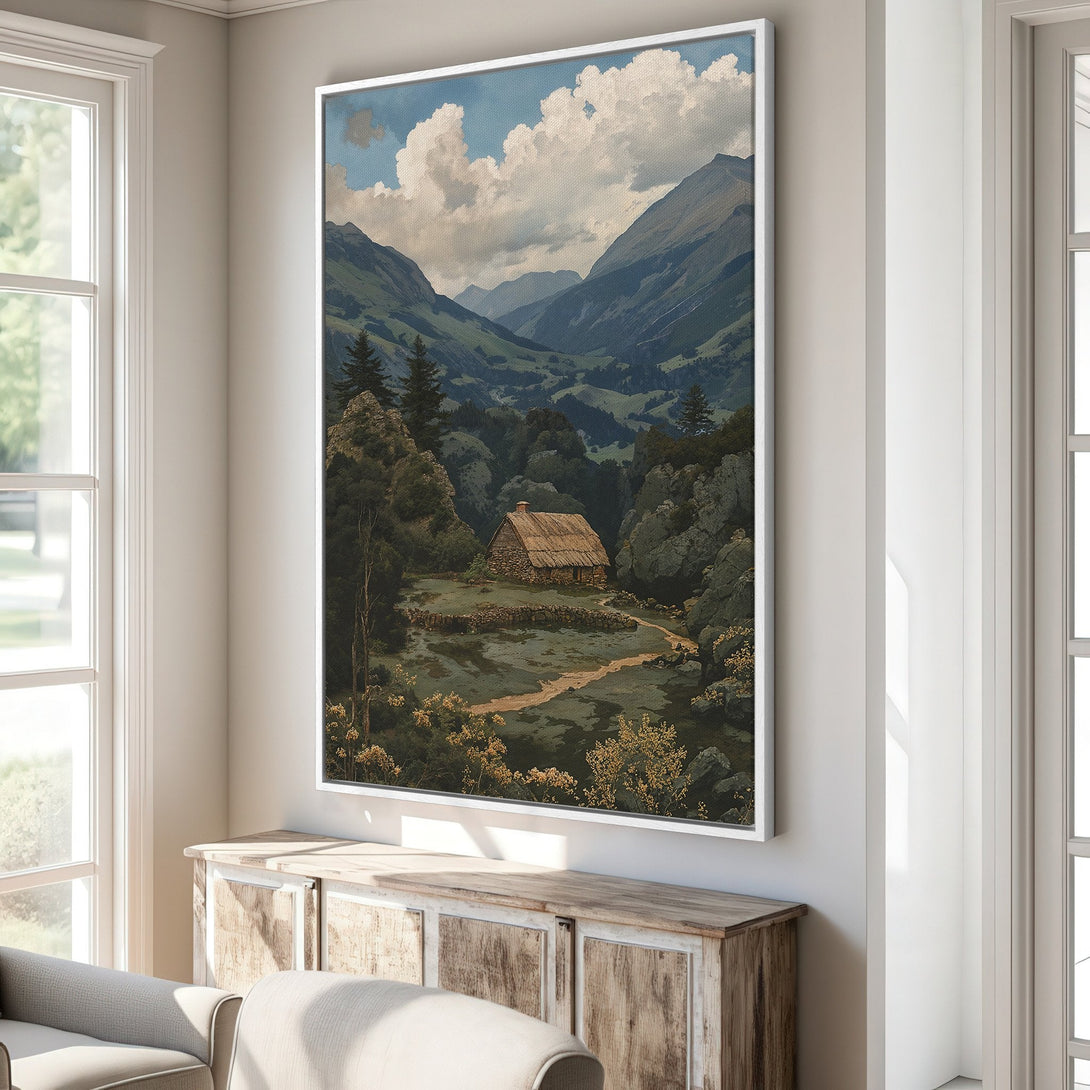 Framed Wall Art featuring a serene mountain landscape with a cabin, in a vintage style with a muted green and blue color palette.