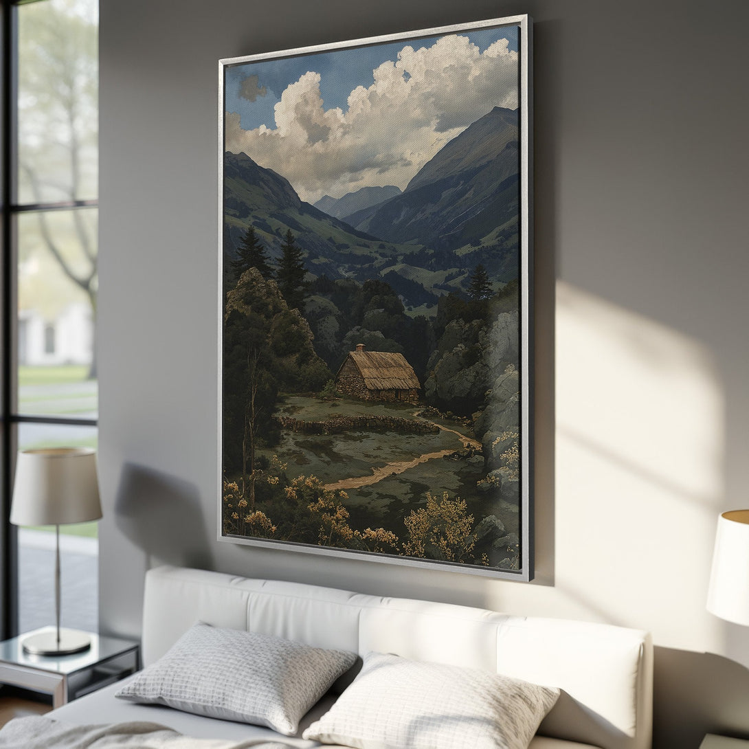 Framed Wall Art: Mountain landscape Canvas Print with muted greens, blues, and browns. Rustic cabin in a serene valley, perfect for adding a touch of nature to your space.