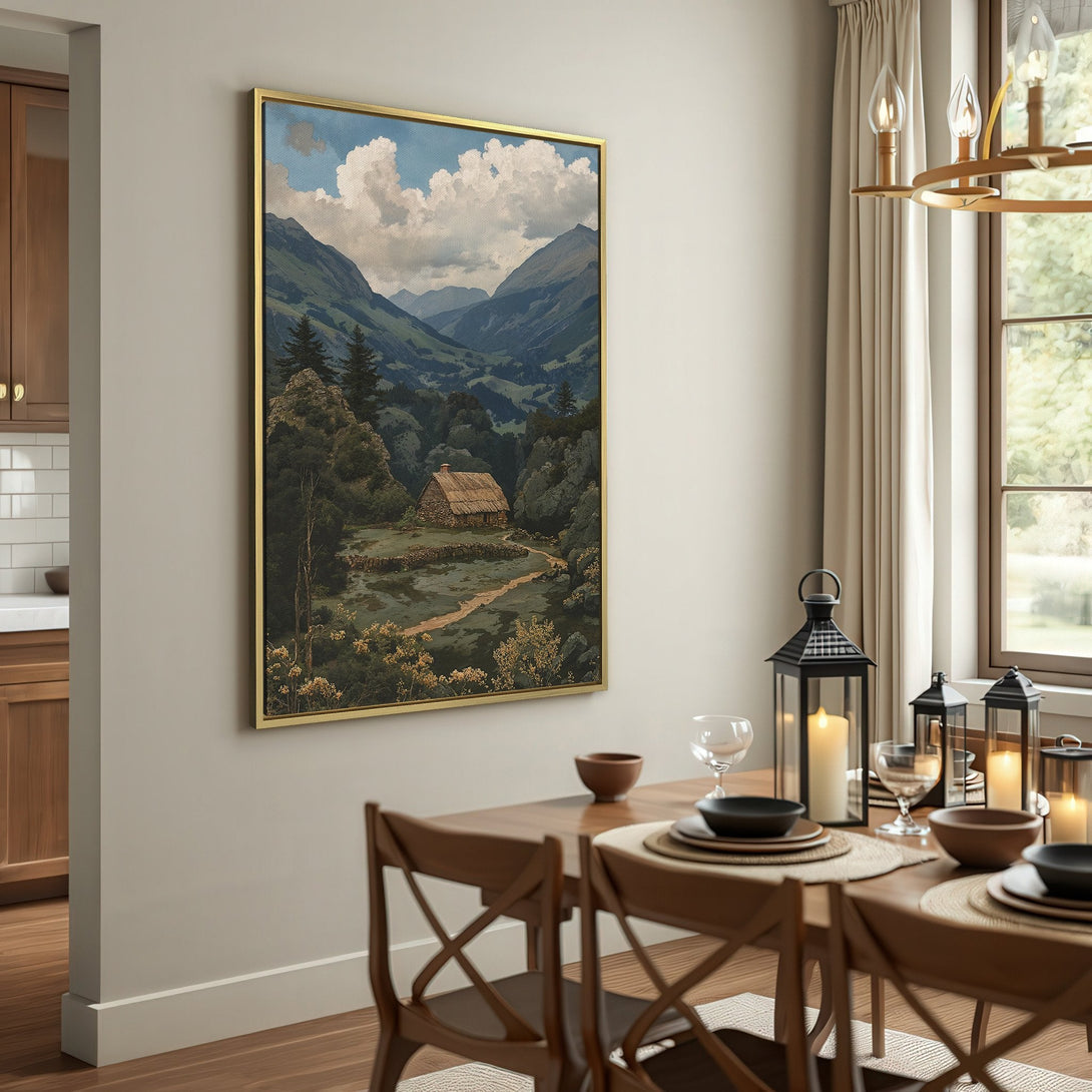 Canvas Print: Mountain landscape art in muted greens, blues, and browns. Rustic style wall art perfect for adding a touch of nature to your home decor.