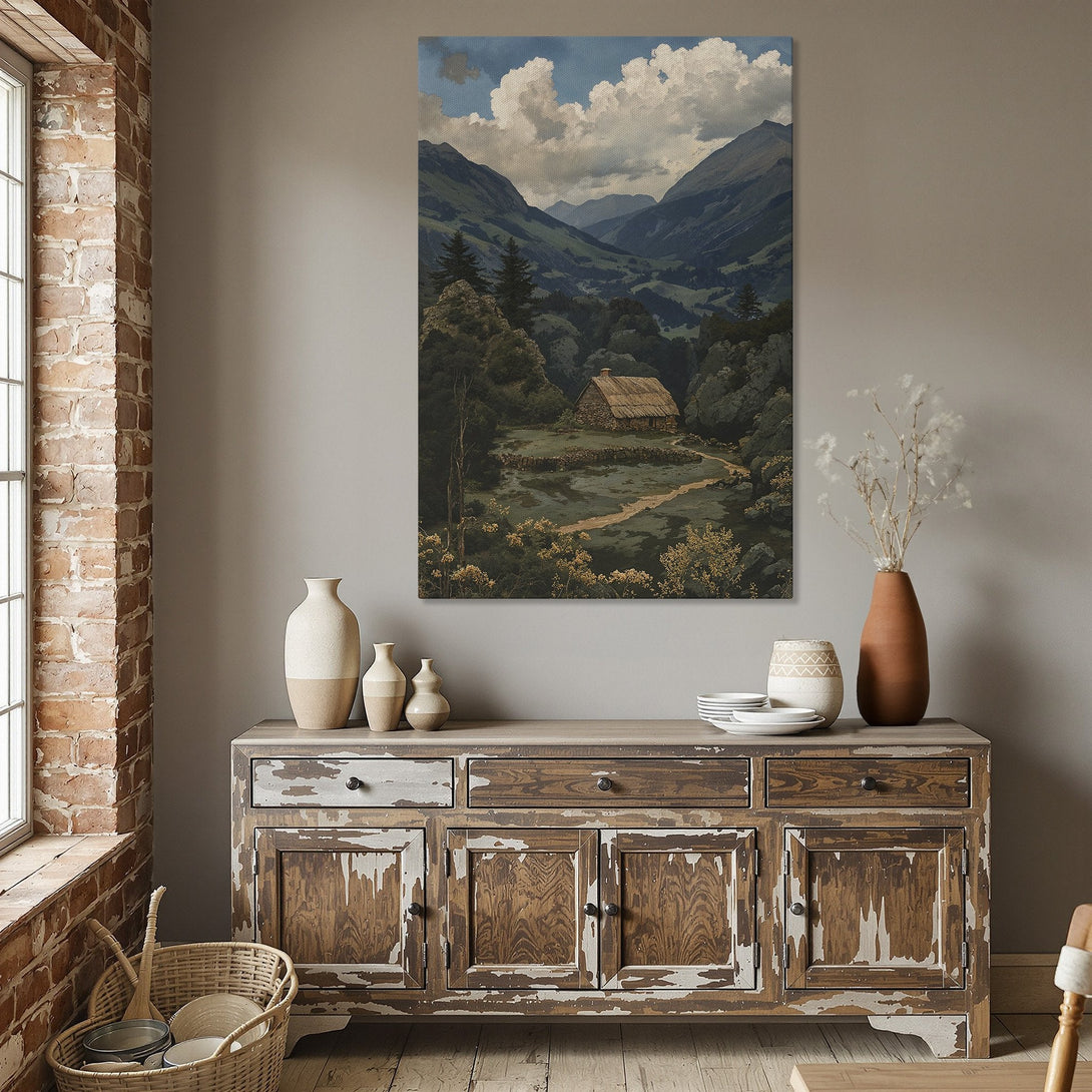Framed Wall Art: Landscape Canvas Print featuring a serene mountain scene in muted greens, blues, and browns. Perfect for adding a touch of nature to your home decor.