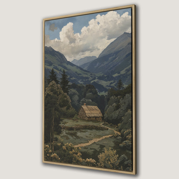 Framed Wall Art: Serene landscape Canvas Print featuring a mountain cabin, lush greenery, and a calming blue, green, and beige color palette. Perfect for home decor.