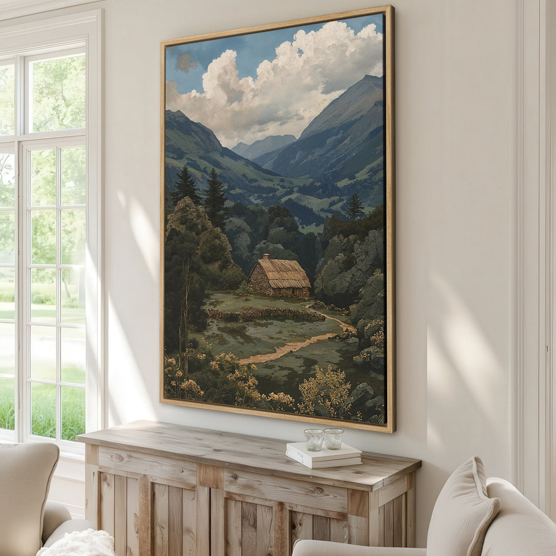 Framed Wall Art: Serene mountain landscape Canvas Print in muted green and blue tones. Rustic cabin art for a cozy, nature-inspired home.