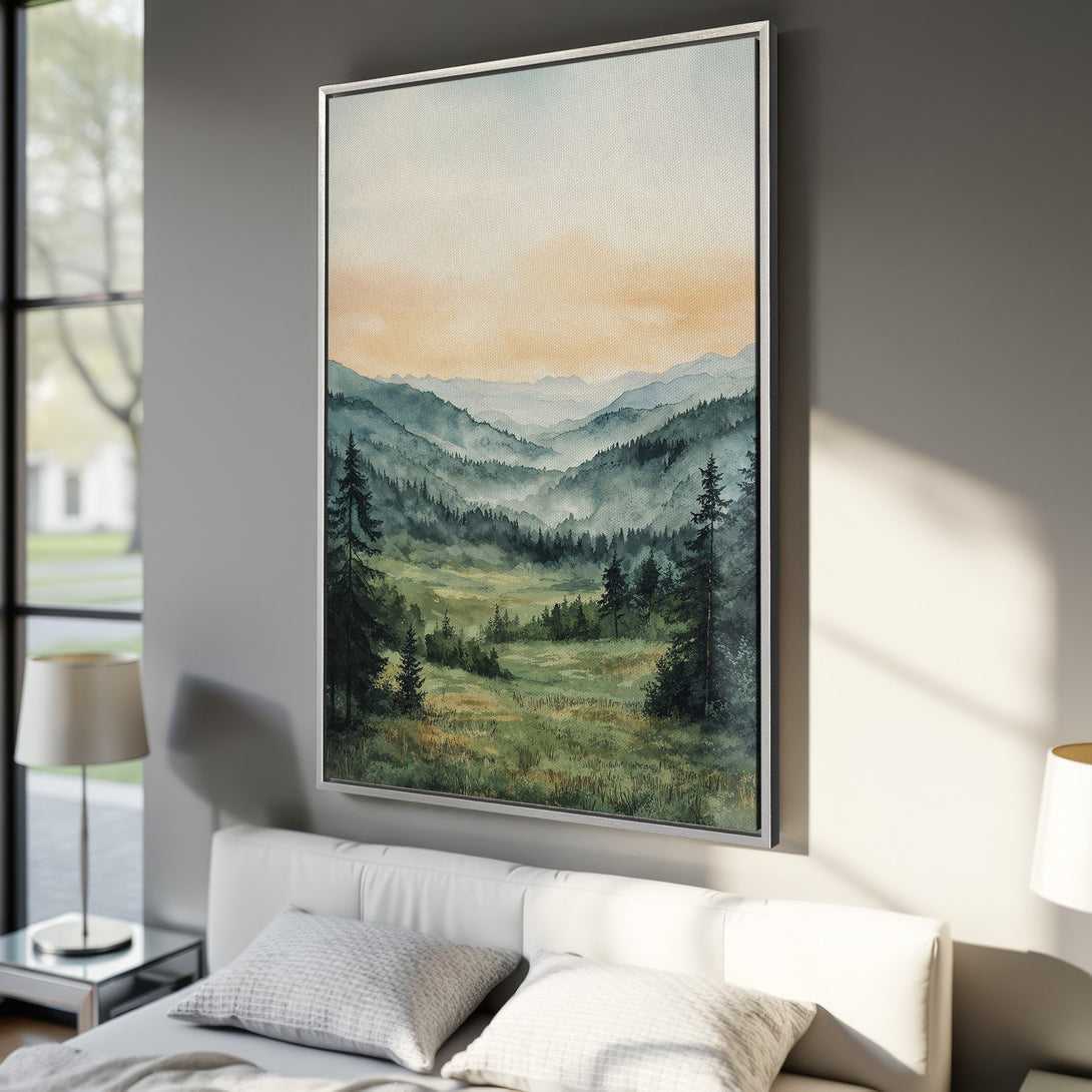 Framed Wall Art: Watercolor landscape Canvas Print featuring a serene mountain scene in green, blue, and yellow hues, perfect for adding tranquility to any room.