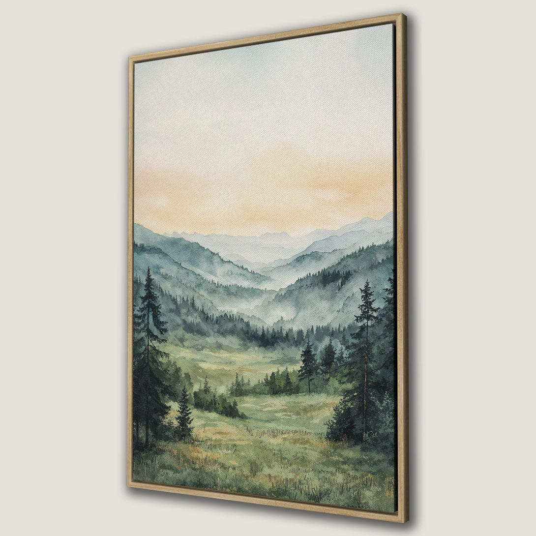 Framed Wall Art Canvas Print of a serene watercolor landscape with mountains and trees in a calming green and blue color palette.