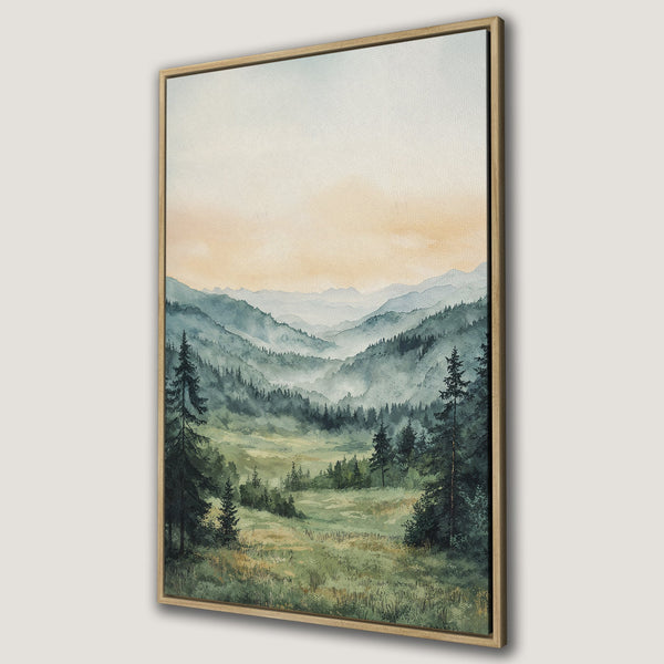 Framed Wall Art Canvas Print of a serene watercolor landscape with mountains and trees in a calming green and blue color palette.
