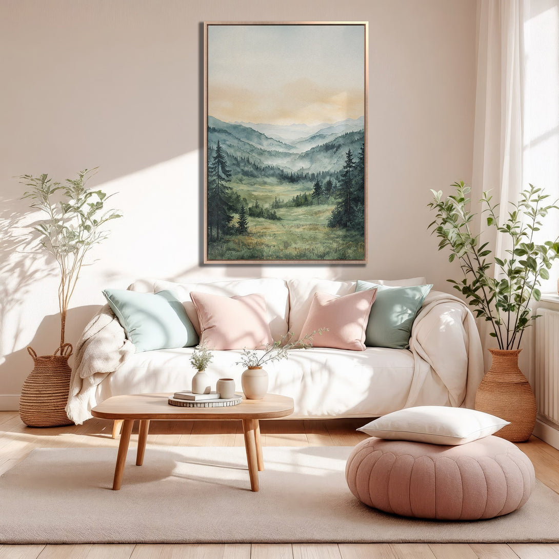 Framed Wall Art featuring a watercolor landscape in a serene interior. Soft blues, greens, and warm earth tones create a calming aesthetic. Elevate your space!