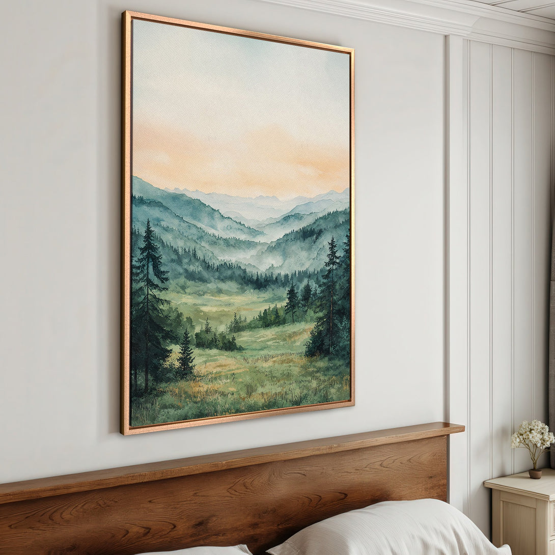 Framed Wall Art: Watercolor landscape print in a bedroom. Features a serene mountain scene in green, blue, and gold tones. Perfect for adding a touch of nature.