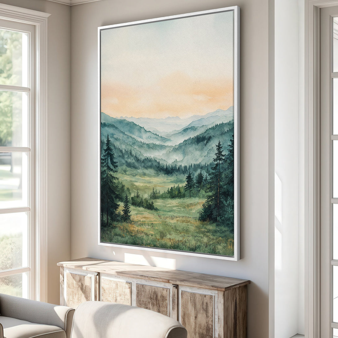 Framed Wall Art featuring a serene watercolor landscape with mountains and trees. Soft green and blue color palette, perfect for adding a touch of nature to your home.