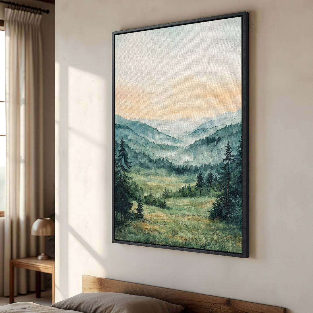 Framed Wall Art: Watercolor landscape Canvas Print in a bedroom. Features a serene mountain scene with green and blue hues, perfect for nature lovers.
