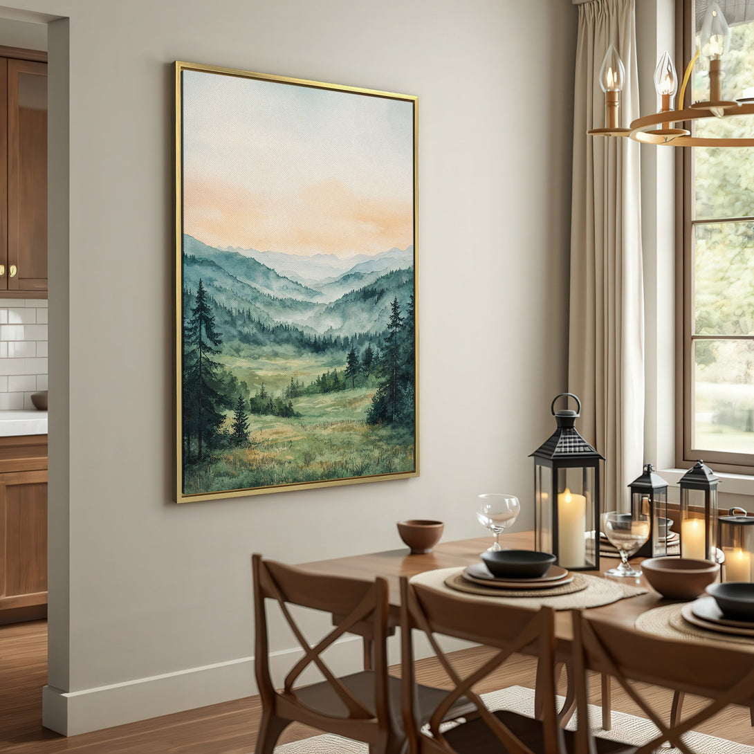 Canvas Print of a serene mountain landscape in watercolor style, featuring green and blue hues with a warm, golden sky.