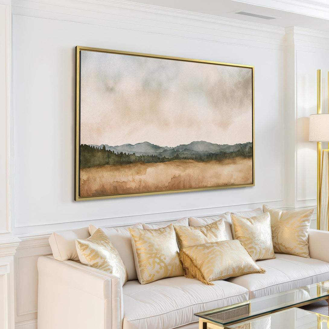 Canvas Print of a serene landscape painting in a neutral color palette, perfect for adding a touch of calm to your living room.