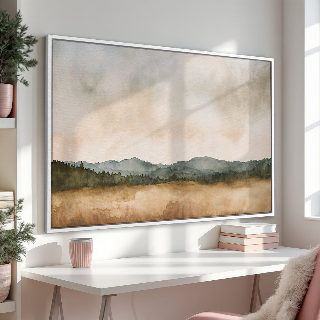 Framed Wall Art of a serene watercolor landscape in muted earth tones. Bring nature's beauty indoors with this calming Canvas Print. Perfect for any room!
