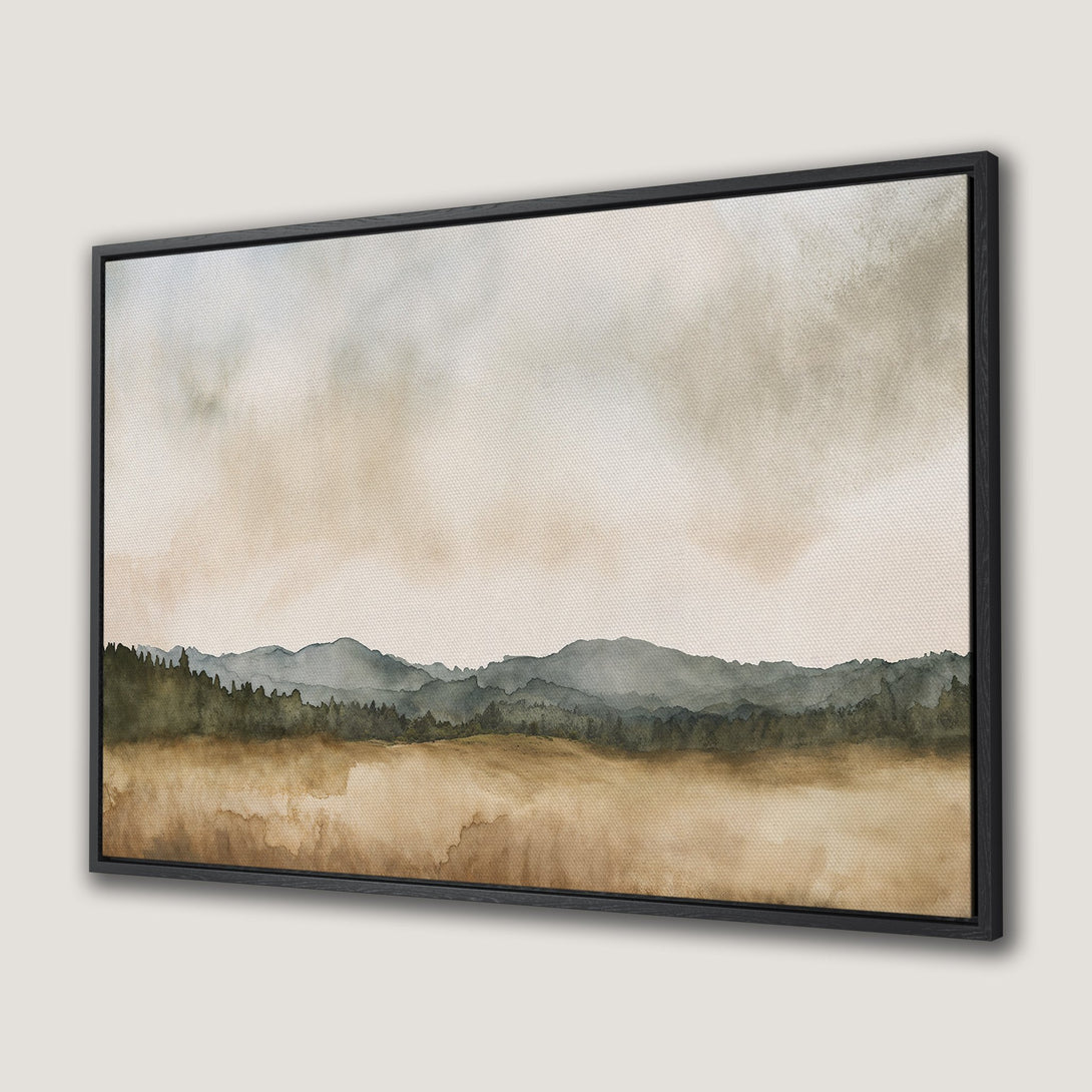 Framed Wall Art: Watercolor landscape Canvas Print in neutral earth tones. Bring the serene beauty of nature into your home with this elegant artwork.