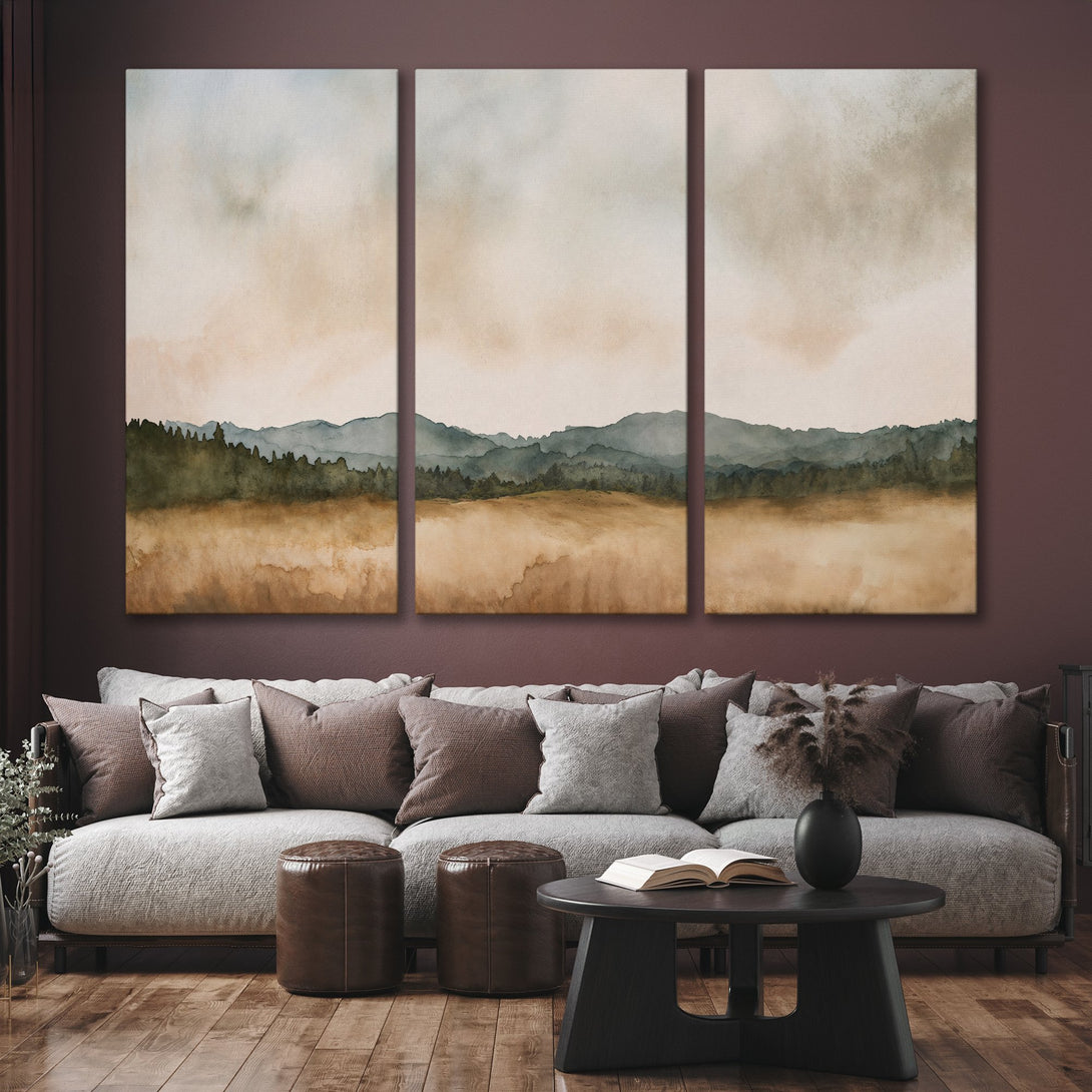 Canvas Print of a watercolor landscape in muted earth tones, perfect for adding a touch of serenity to your home decor.