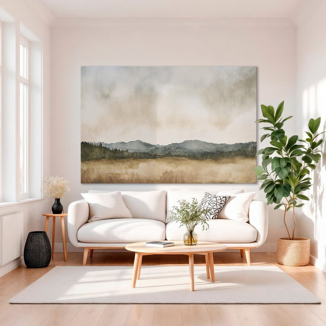 Framed Wall Art: Watercolor landscape in neutral tones. Enhance your home with this serene canvas print featuring mountains and a warm color palette.