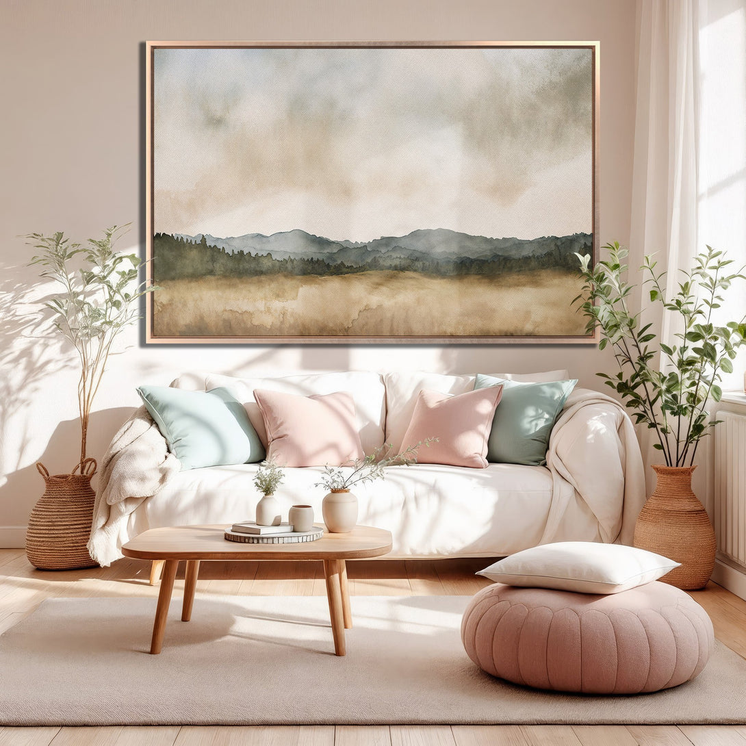 Framed Wall Art: Watercolor landscape print in neutral tones. Adds a touch of serenity to any living room. Shop calming wall art today!