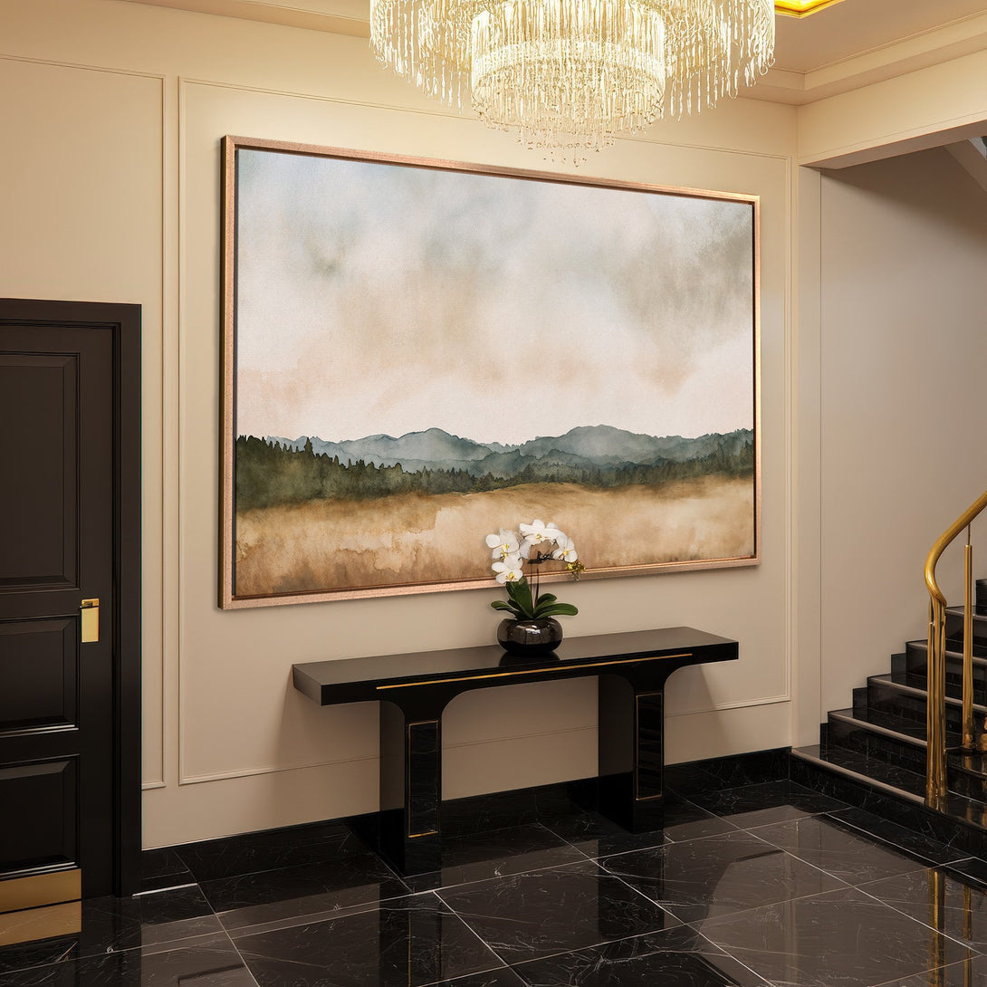 Framed Wall Art: Watercolor landscape Canvas Print in neutral tones. Elevate your space with this elegant, modern art piece.