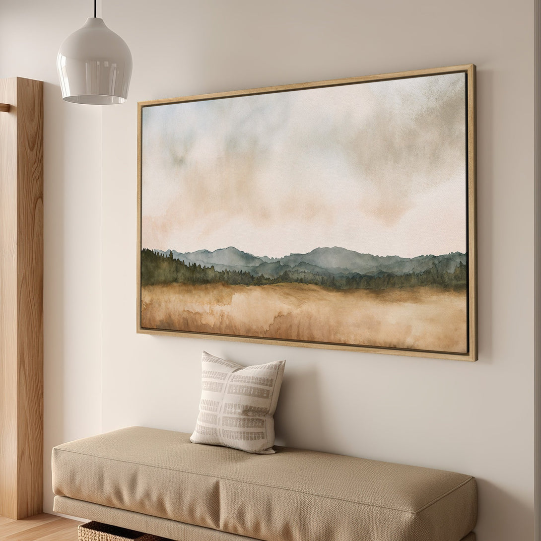 Framed Wall Art: Watercolor landscape canvas print in neutral tones. Adds a touch of nature and serenity to any space. Shop now for calming decor!