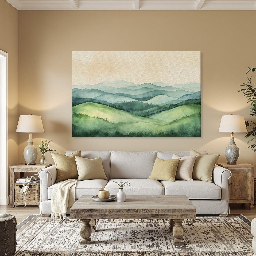 Framed Wall Art featuring watercolor mountain landscape in green and blue hues. Add serenity to your home decor with this beautiful Canvas Print.