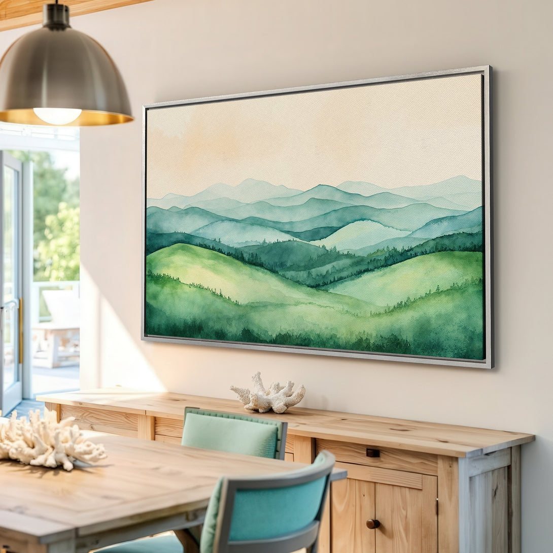 Framed Wall Art of watercolor mountain landscape in green and blue hues. Perfect for adding a touch of nature to your home decor.