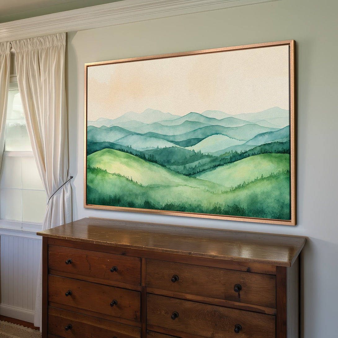 Framed Wall Art: Watercolor landscape Canvas Print in green and blue hues, perfect for adding a touch of nature to your home decor.
