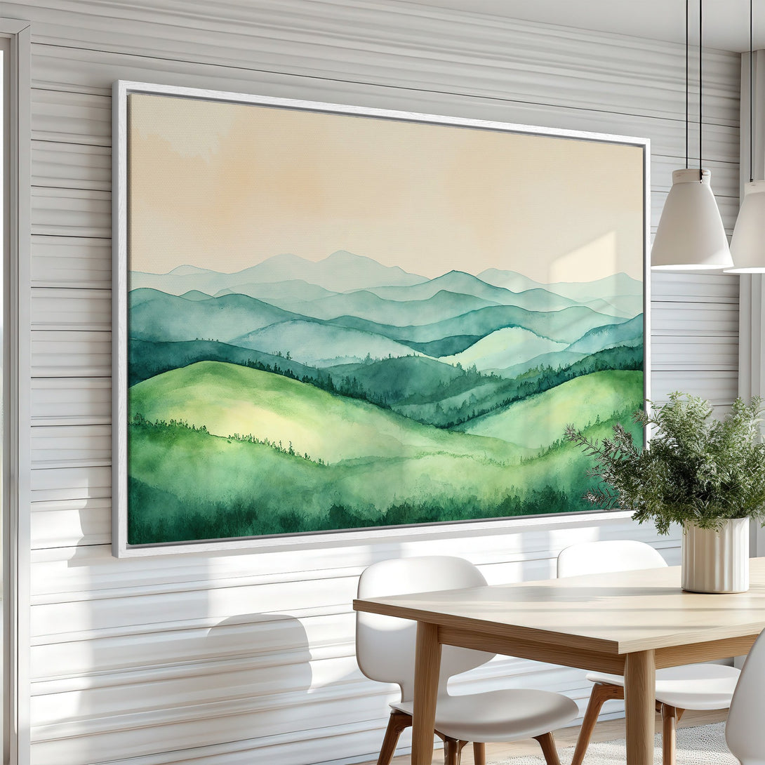 Framed Wall Art: Watercolor landscape Canvas Print in green and beige tones. Perfect for adding a touch of nature and serenity to your home decor.
