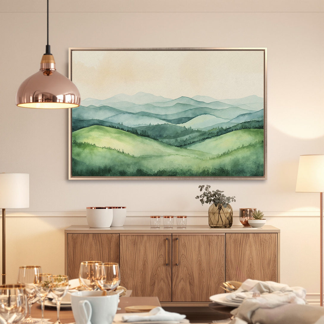 Framed Wall Art: Watercolor landscape canvas print in green and blue hues, perfect for adding a touch of nature to your home decor.