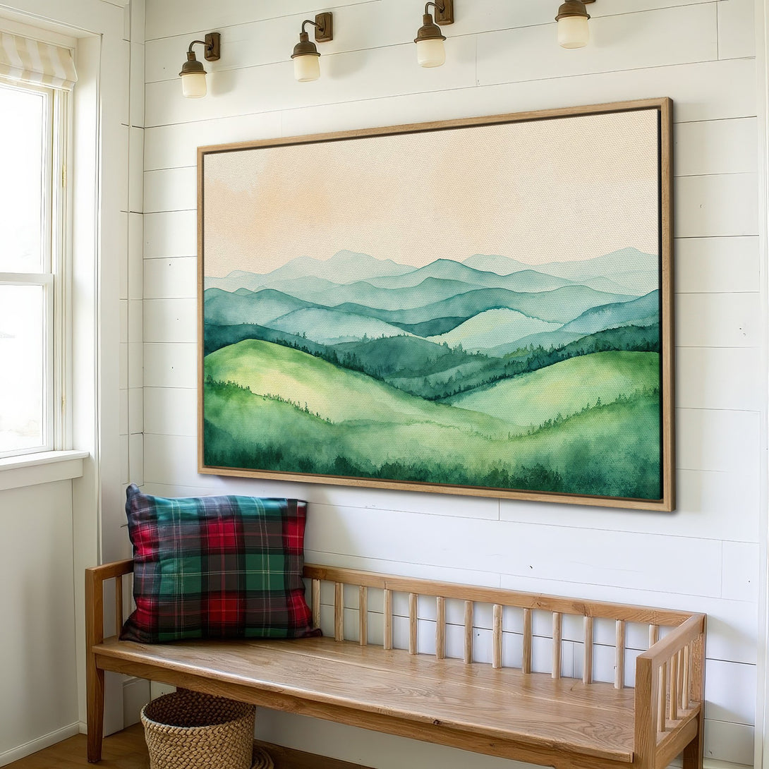 Framed Wall Art: Watercolor landscape in green and teal tones. Modern art for your home. Adds a touch of nature to any space.