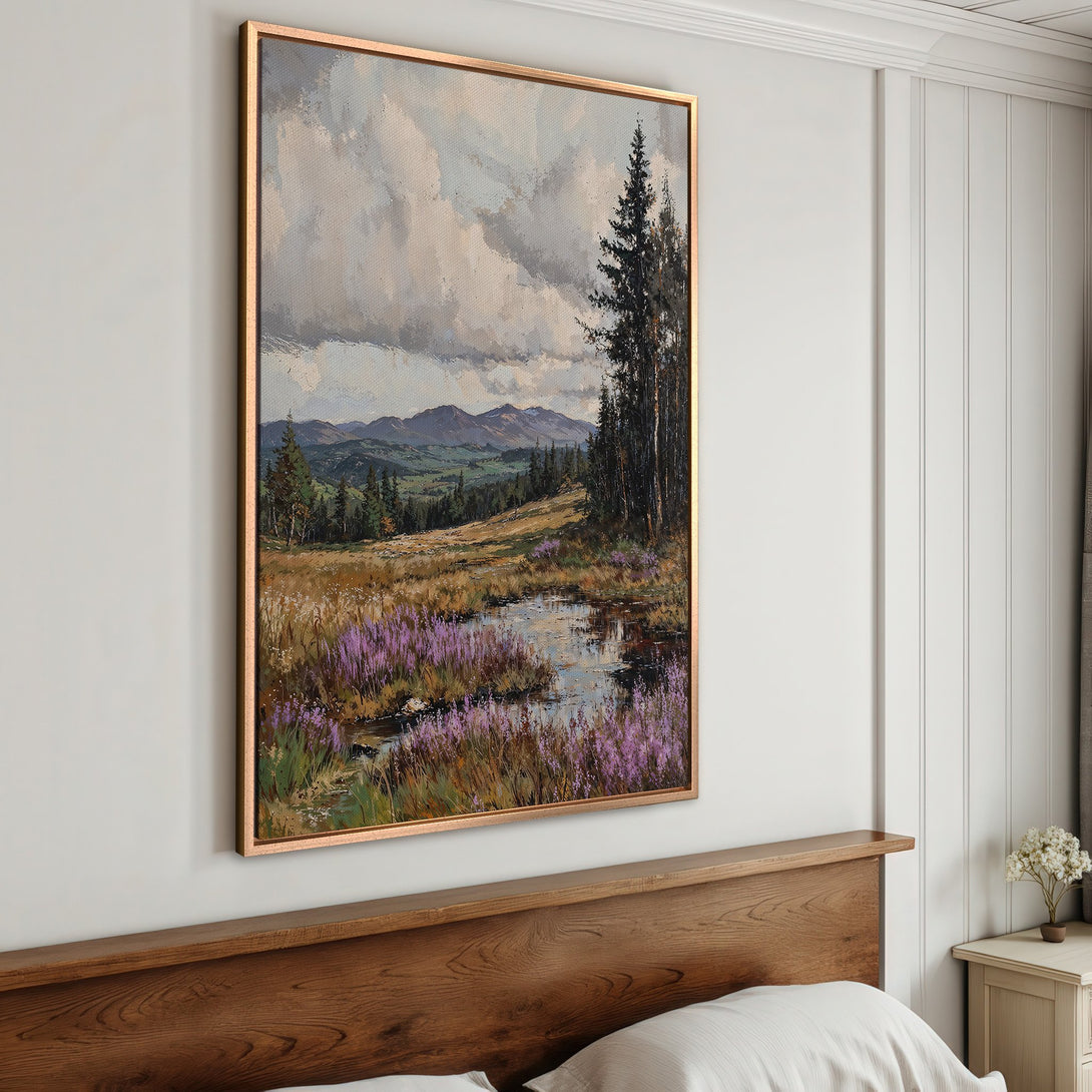Framed Wall Art: Landscape painting with a muted color palette. Features a serene landscape with a pond and purple flowers. Perfect for adding a touch of nature.