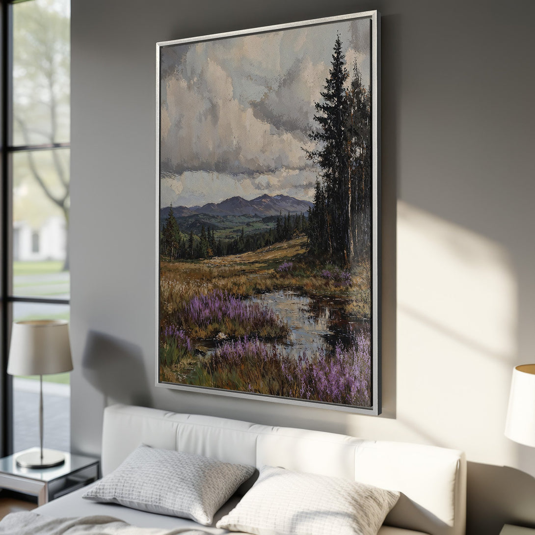 Framed Wall Art: Landscape painting with a forest, lake, and mountains. Features a muted color palette of greens, blues, and purples. Perfect for adding a touch of nature to your space.