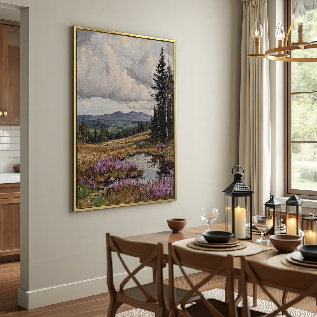Canvas Print of a landscape painting with a muted color palette, featuring a pond, mountains, and a cloudy sky. Perfect wall art!