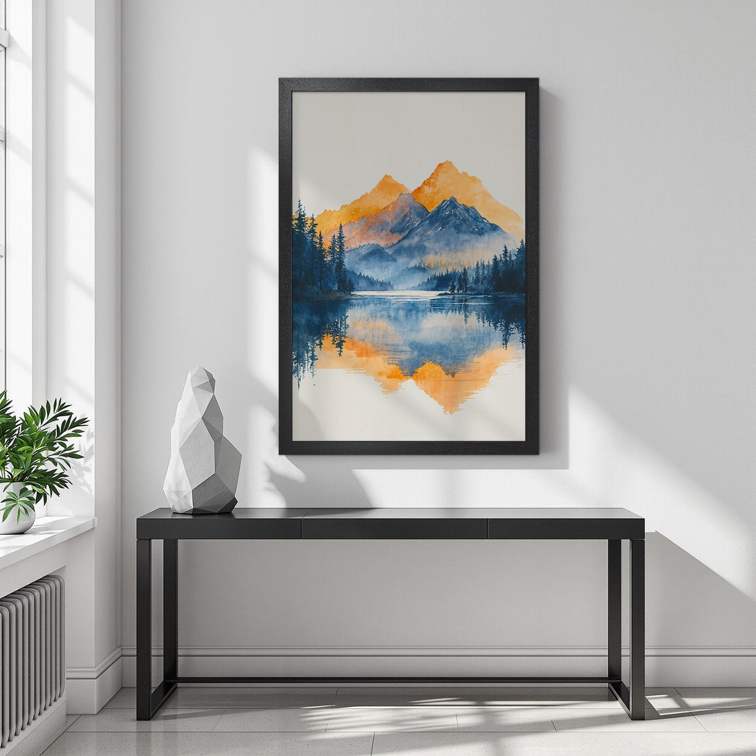 Framed Poster of mountain lake watercolor art in blue and orange hues. Perfect wall decor for a serene home.