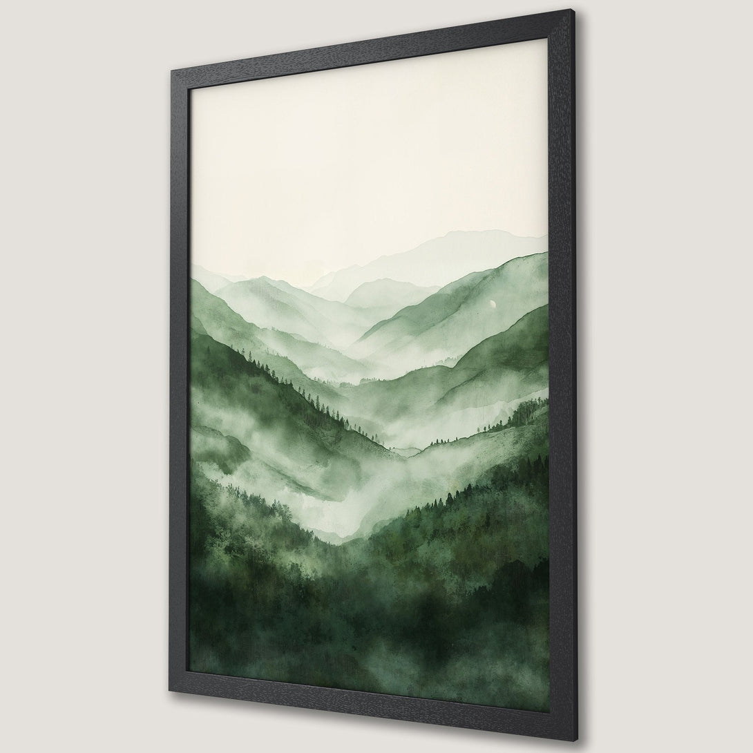 Framed Poster featuring a serene watercolor mountain landscape in shades of green. Perfect wall art for a calming space.